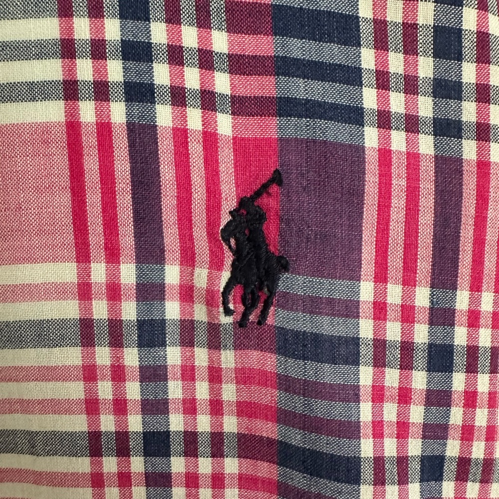 Ralph Lauren Pink Navy Plaid Dress Shirt with Embroidered Pony